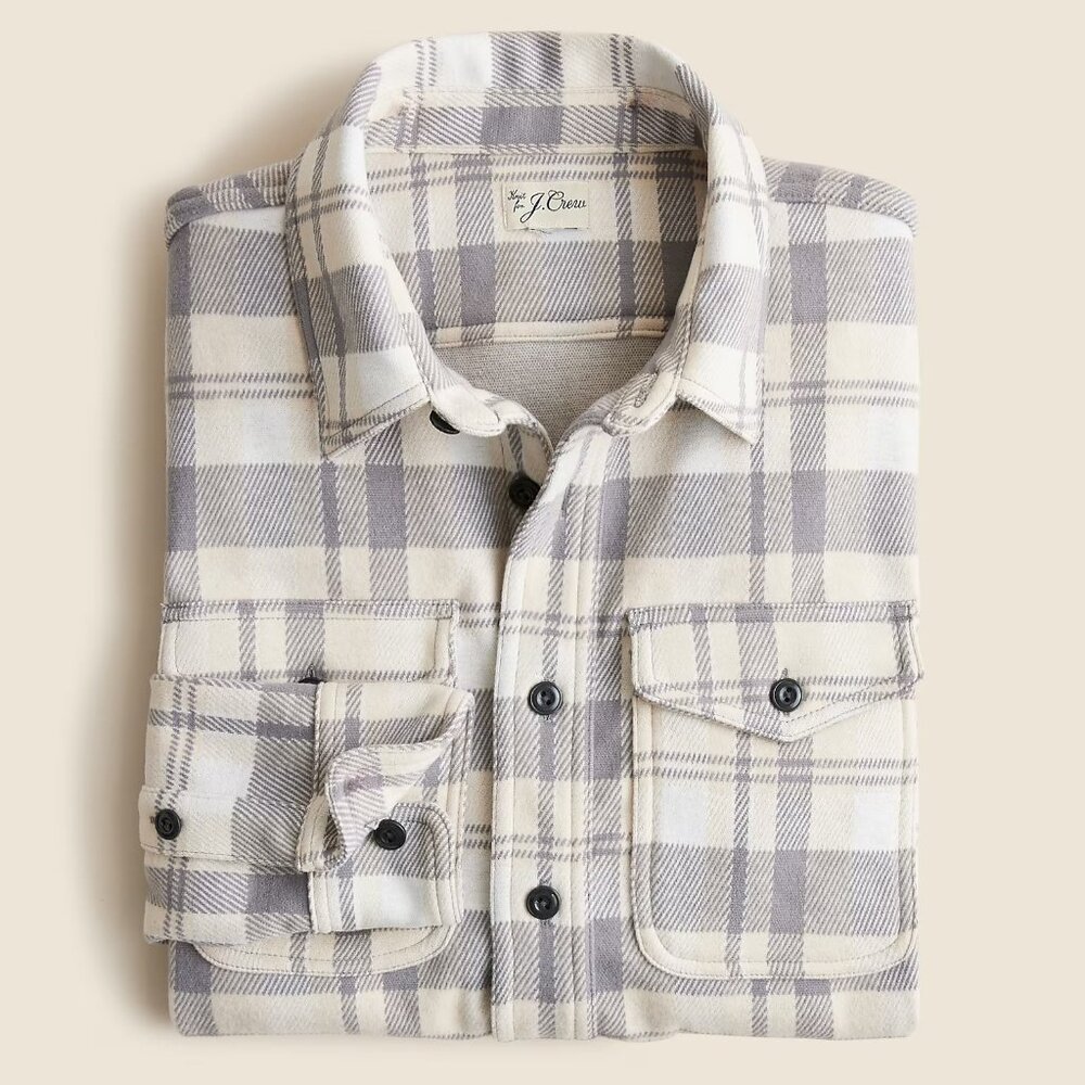 J Crew Flannel Shirt Mens Gray Cream Plaid Seaboard Brushed Soft Knit